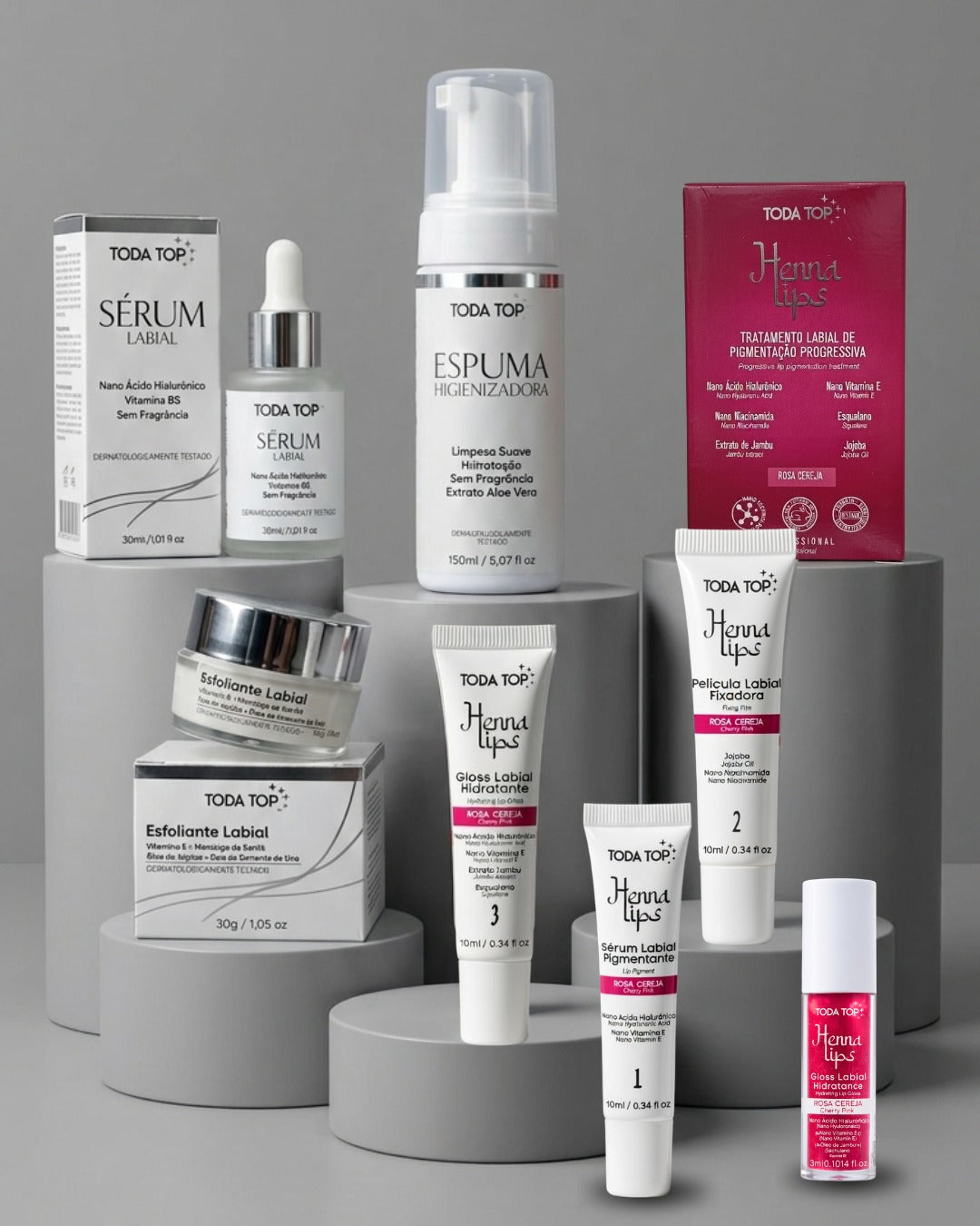 KIT HENNA LABIAL ROSA CEREJA + PREPARADORES + GLOSS HOME CARE